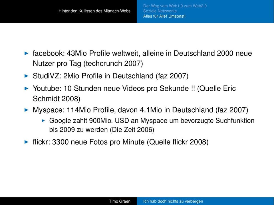 in Deutschland (faz 2007) Youtube: 10 Stunden neue Videos pro Sekunde!! (Quelle Eric Schmidt 2008) Myspace: 114Mio Profile, davon 4.