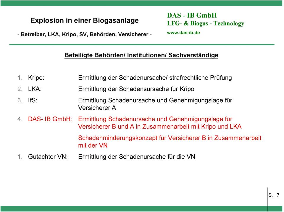 DAS- IB GmbH: Ermittlung Schadenursache und Genehmigungslage für Versicherer B und A in Zusammenarbeit mit Kripo und LKA