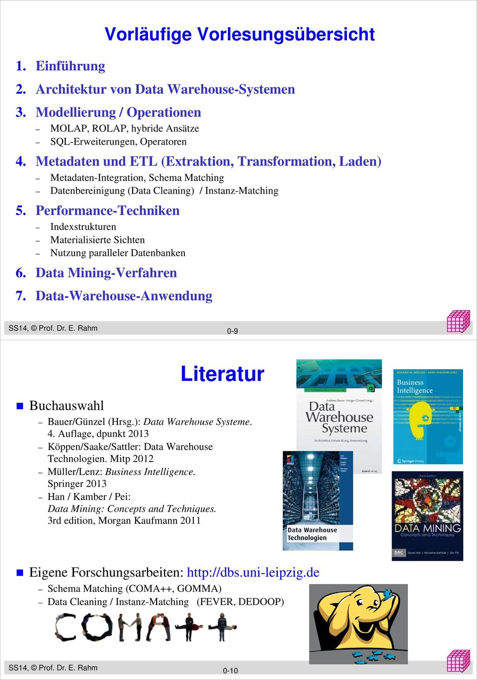 Performance-Techniken Indexstrukturen Materialisierte Sichten Nutzung paralleler Datenbanken 6. Data Mining-Verfahren 7. Data-Warehouse-Anwendung 0-9 Literatur Buchauswahl Bauer/Günzel (Hrsg.