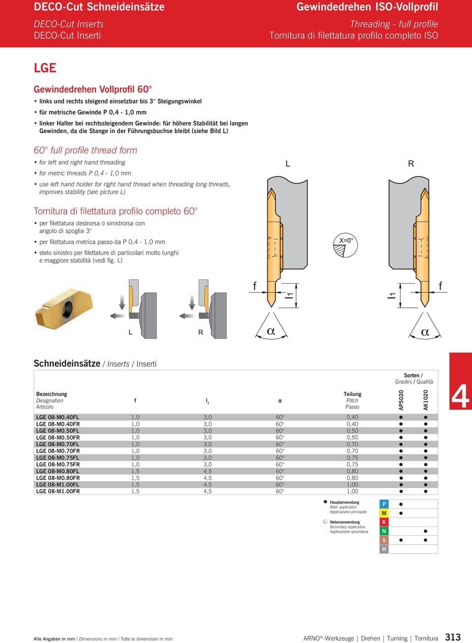 form for left and right hand threading for metric threads P 0, - 1,0 mm use left hand holder for right hand thread when threading long threads, improves stability (see picture L) Tornitura di