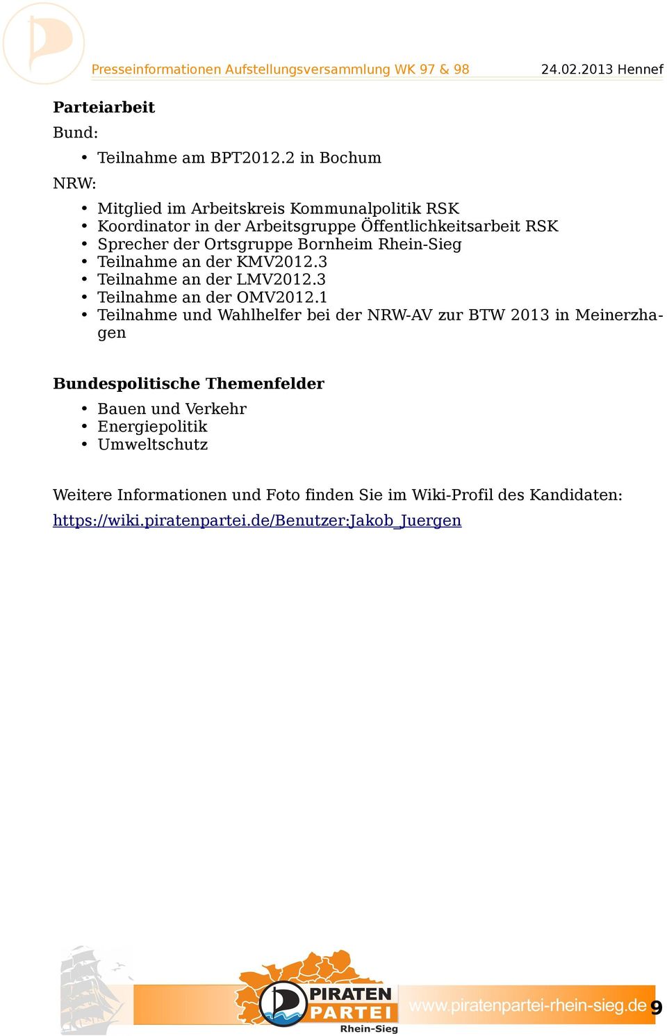 Bornheim Rhein-Sieg Teilnahme an der KMV2012.3 Teilnahme an der LMV2012.3 Teilnahme an der OMV2012.