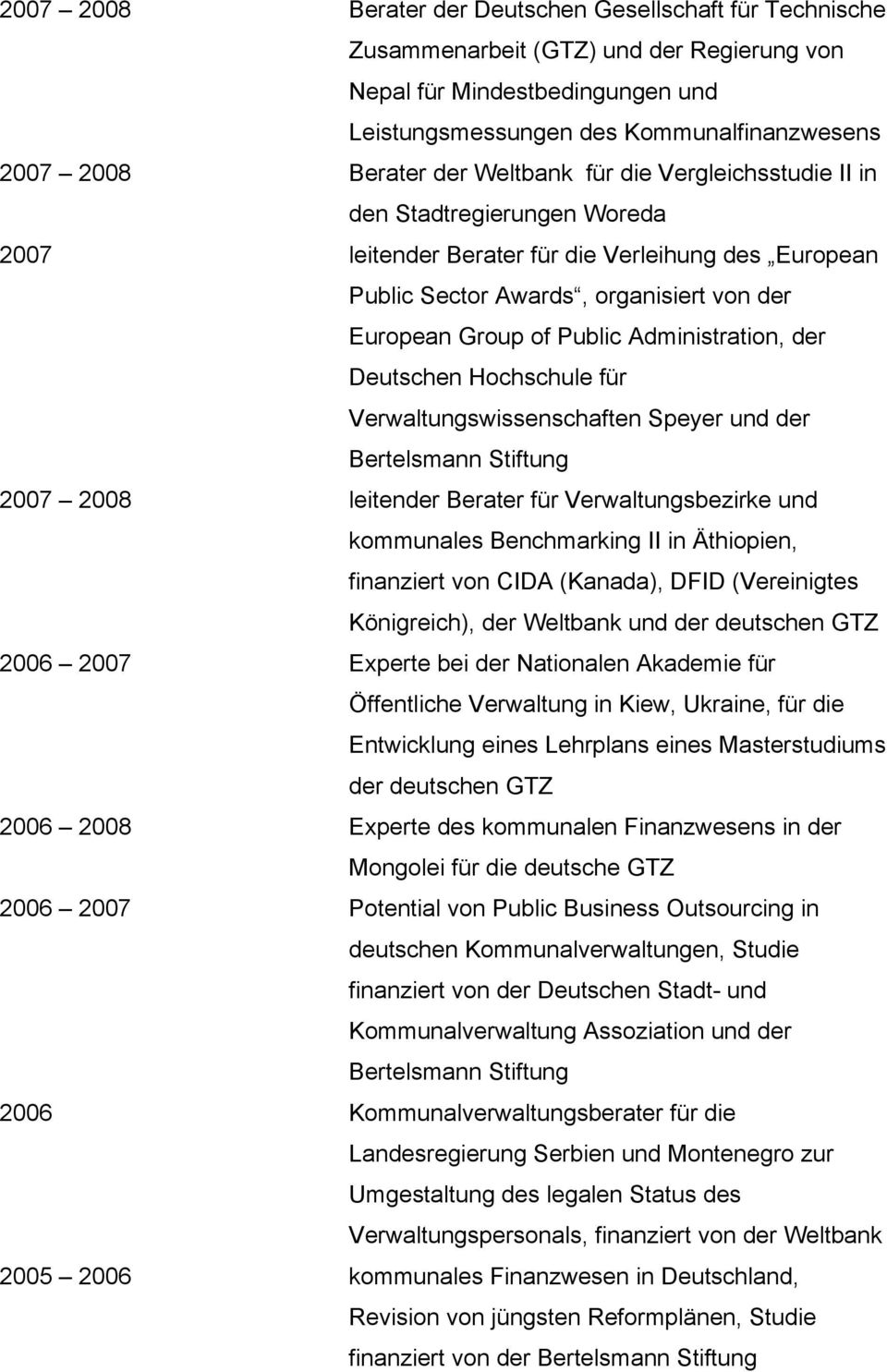 Administration, der Deutschen Hochschule für Verwaltungswissenschaften Speyer und der Bertelsmann Stiftung 2007 2008 leitender Berater für Verwaltungsbezirke und kommunales Benchmarking II in