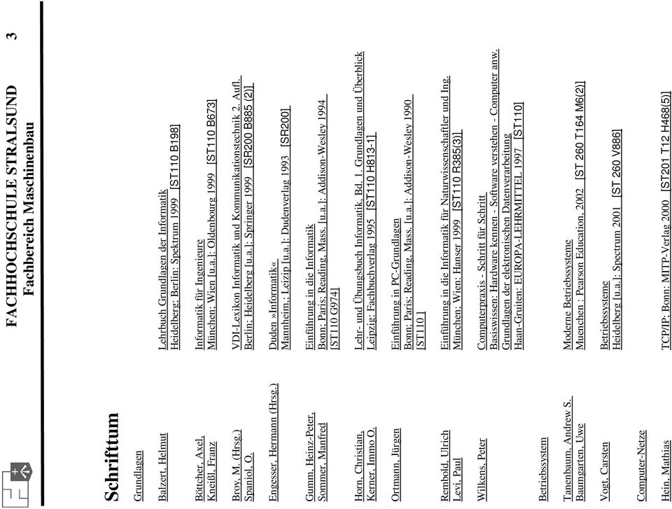 ) Duden»Informatik«Mannheim,; Leizip [u.a.]: Dudenverlag 1993 [SR200] Gumm, Heinz-Peter, Einführung in die Informatik Sommer, Manfred Bonn; Paris; Reading, Mass. [u.a.]: Addison-Wesley 1994 [ST110 G974] Horn, Christian, Lehr- und Übungsbuch Informatik, Bd.