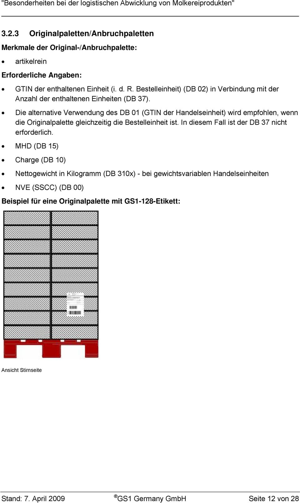 Die alternative Verwendung des DB 01 (GTIN der Handelseinheit) wird empfohlen, wenn die Originalpalette gleichzeitig die Bestelleinheit ist.