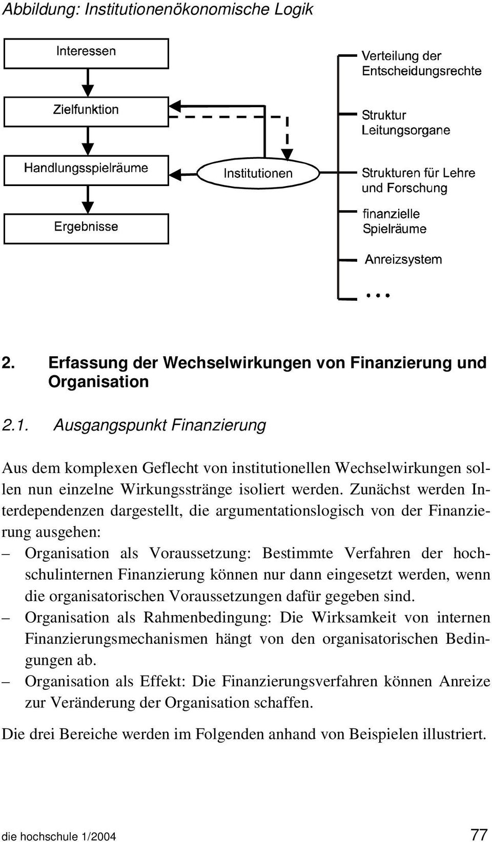 Zunächst werden Interdependenzen dargestellt, die argumentationslogisch von der Finanzierung ausgehen: Organisation als Voraussetzung: Bestimmte Verfahren der hochschulinternen Finanzierung können