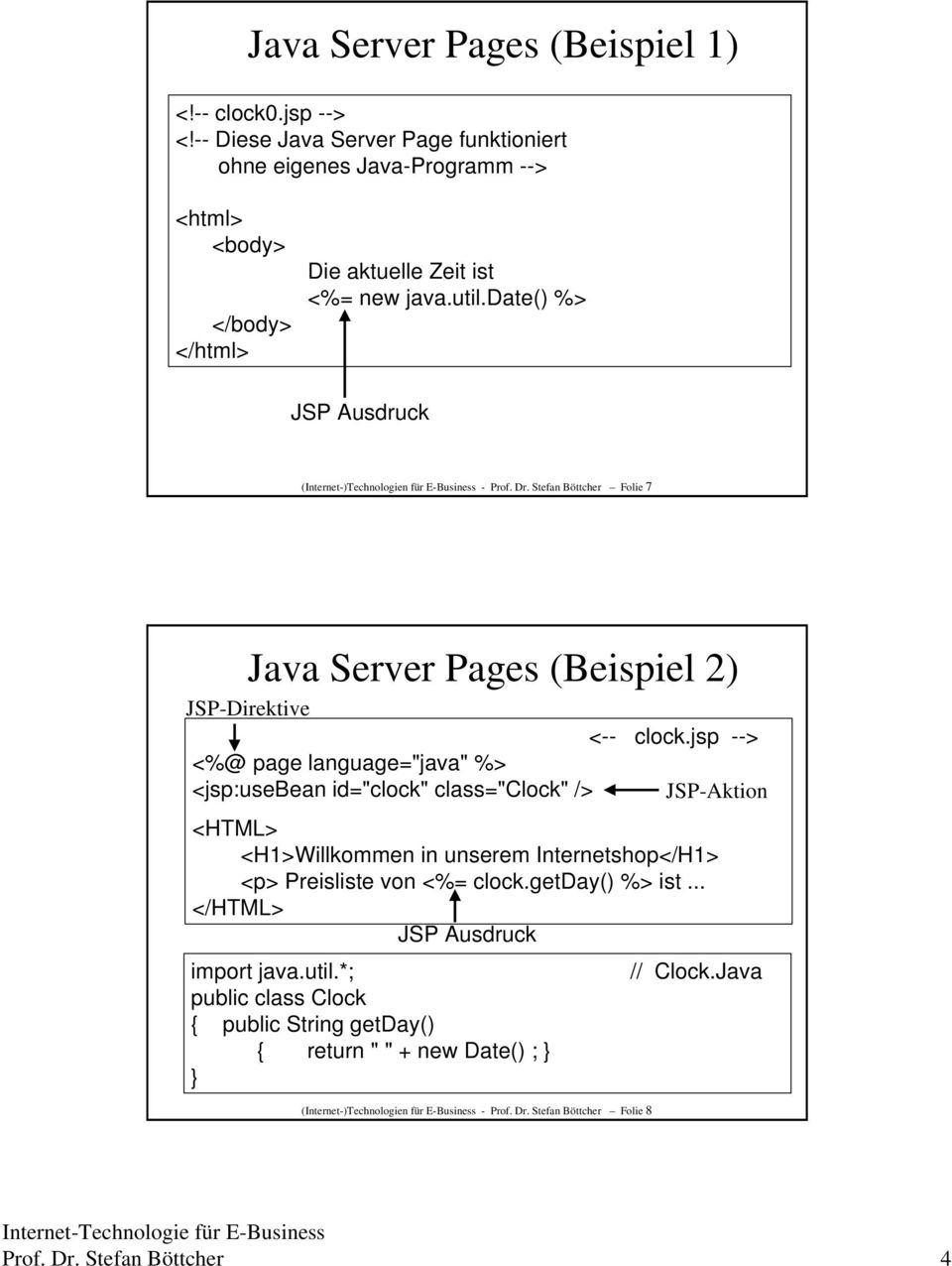jsp --> <%@ page language="java" %> <jsp:usebean id="clock" class="clock" /> JSP-Aktion <HTML> <H1>Willkommen in unserem Internetshop</H1> <p> Preisliste von <%= clock.getday() %> ist.