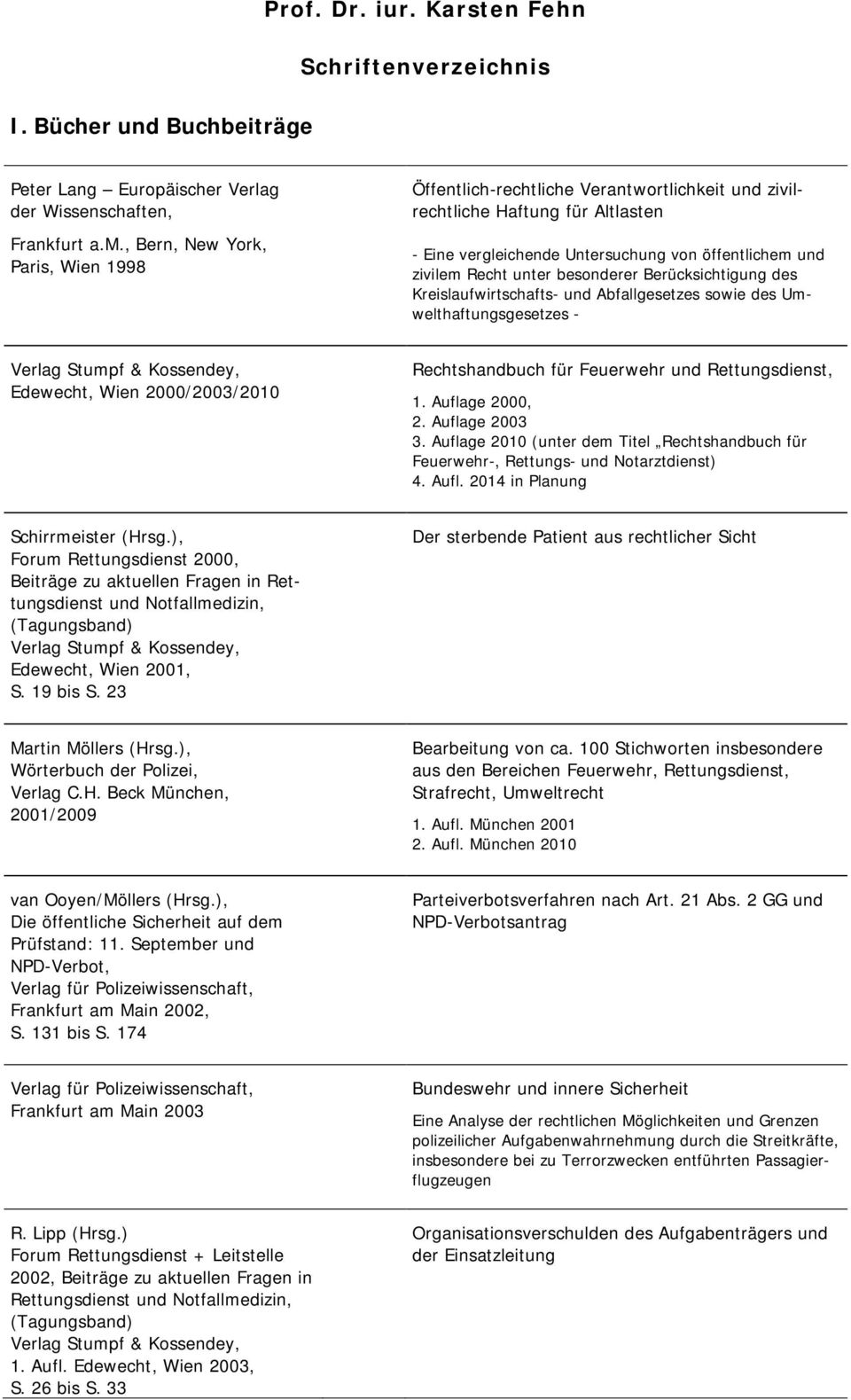 besonderer Berücksichtigung des Kreislaufwirtschafts- und Abfallgesetzes sowie des Umwelthaftungsgesetzes - Edewecht, Wien 2000/2003/2010 Rechtshandbuch für Feuerwehr und, 1. Auflage 2000, 2.