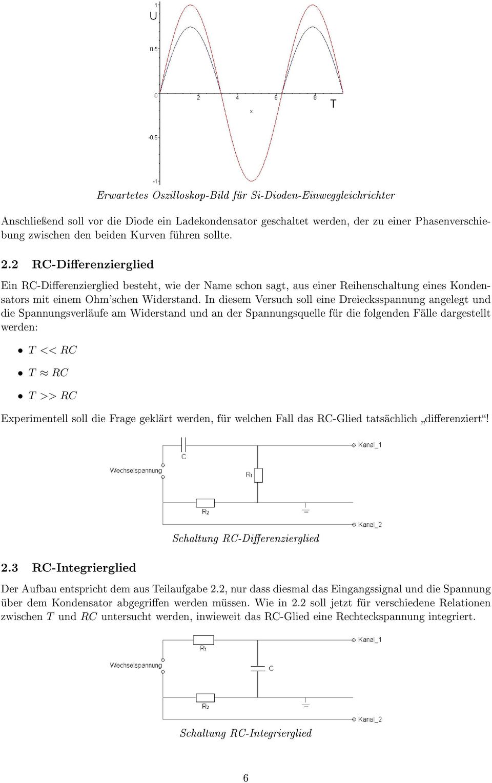 In diesem Versuch soll eine Dreiecksspannung angelegt und die Spannungsverläufe am Widerstand und an der Spannungsquelle für die folgenden Fälle dargestellt werden: T << RC T RC T >> RC Experimentell