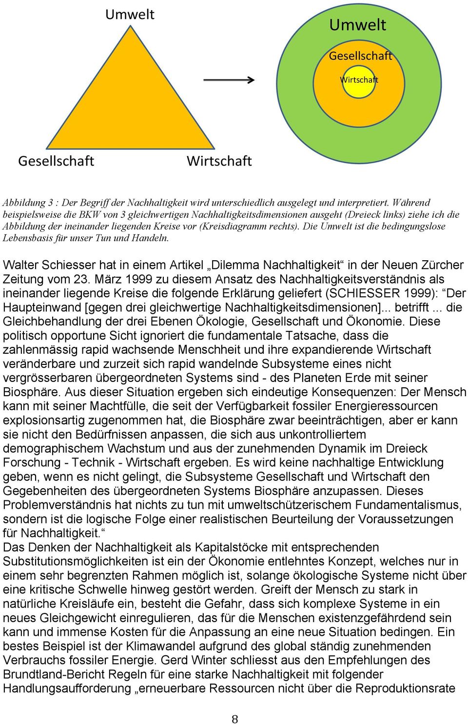 Die Umwelt ist die bedingungslose Lebensbasis für unser Tun und Handeln. Walter Schiesser hat in einem Artikel Dilemma Nachhaltigkeit in der Neuen Zürcher Zeitung vom 23.