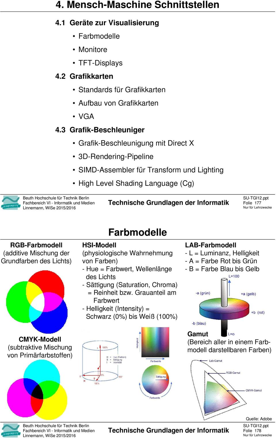 der Grundfarben des Lichts) CMYK-Modell (subtraktive Mischung von Primärfarbstoffen) Farbmodelle HSI-Modell (physiologische Wahrnehmung von Farben) - Hue = Farbwert, Wellenlänge des Lichts -