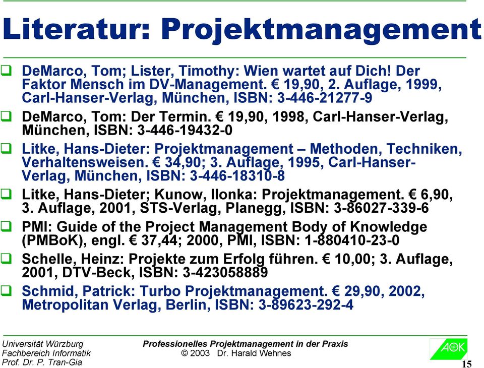 19,90, 1998, Carl-Hanser-Verlag, München, ISBN: 3-446-19432-0 Litke, Hans-Dieter: Projektmanagement Methoden, Techniken, Verhaltensweisen. 34,90; 3.
