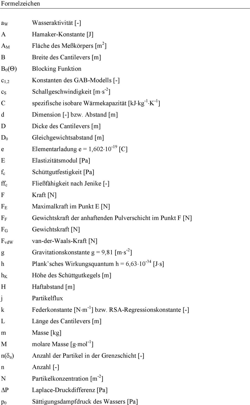 Abstand [m] D Dicke des Cantilevers [m] D 0 e E f c Gleichgewichtsabstand [m] Elementarladung e = 1,602 10-19 [C] Elastizitätsmodul [Pa] Schüttgutfestigkeit [Pa] ff c Fließfähigkeit nach Jenike [-] F