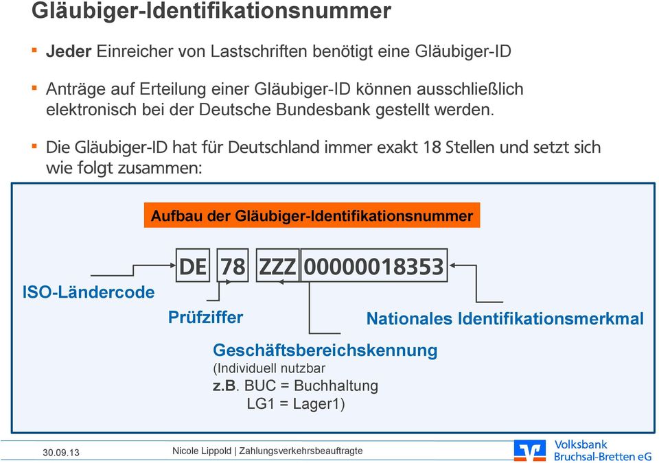 Die Gläubiger-ID hat für Deutschland immer exakt 18 Stellen und setzt sich wie folgt zusammen: Aufbau der Gläubiger-Identifikationsnummer