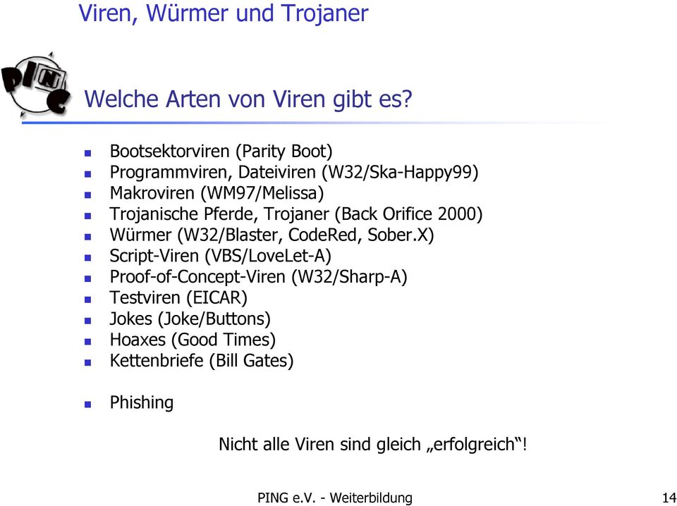 Pferde, Trojaner (Back Orifice 2000) Würmer (W32/Blaster, CodeRed, Sober.