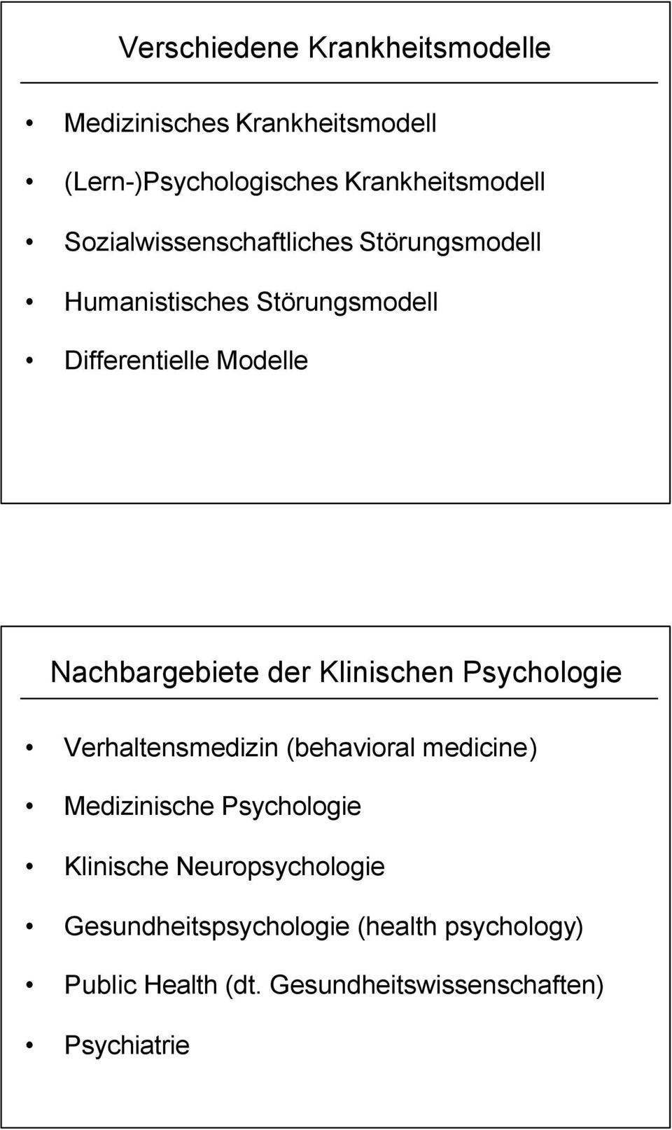 der Klinischen Psychologie Verhaltensmedizin (behavioral medicine) Medizinische Psychologie Klinische