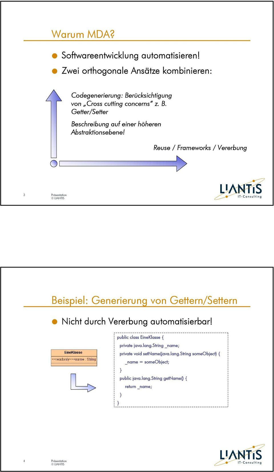 Reuse / Frameworks / Vererbung 3 Beispiel: Generierung von Gettern/Settern Nicht durch Vererbung automatisierbar!