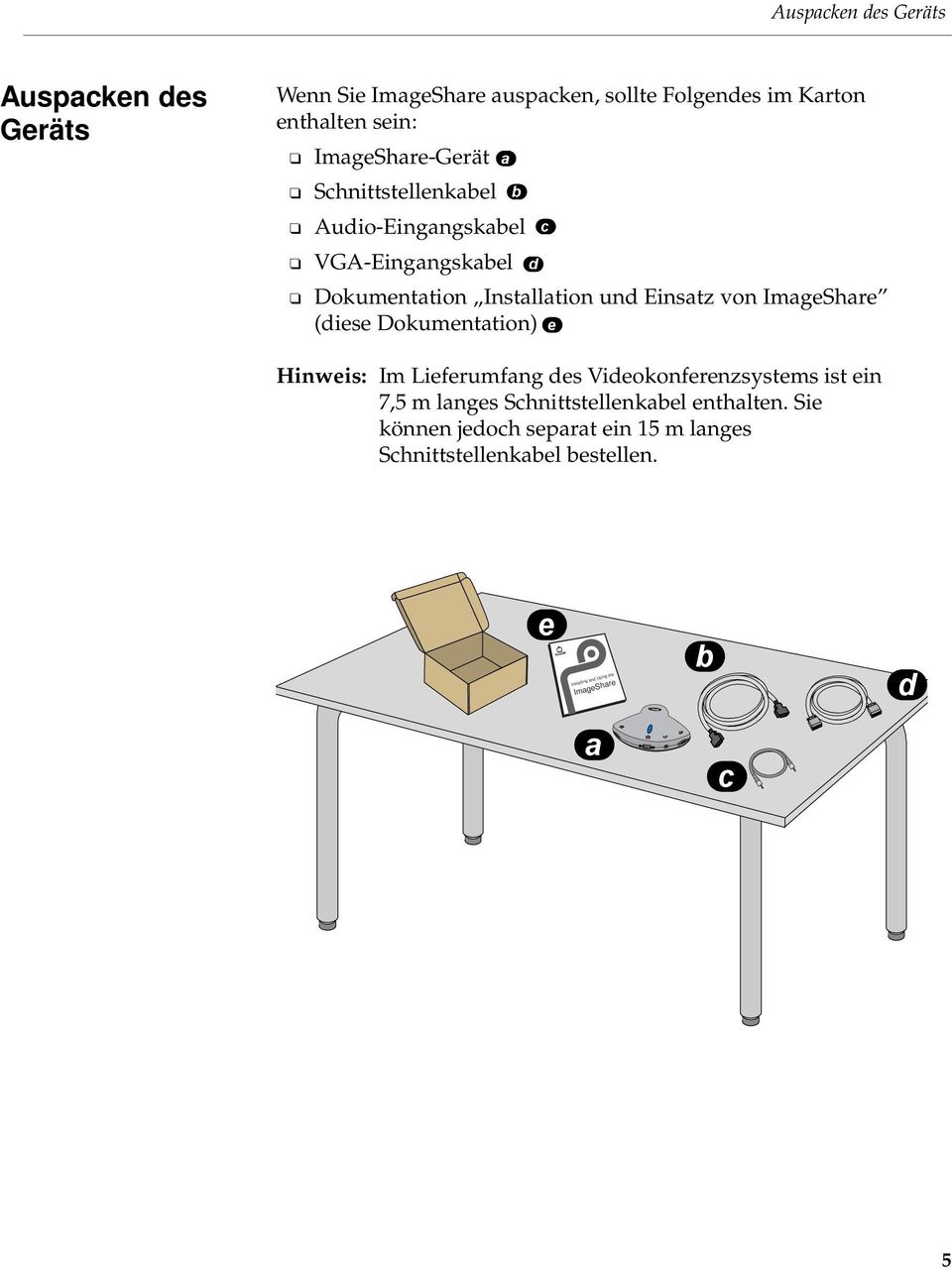 ImgeShre (diese Dokumenttion) e Hinweis: Im Lieferumfng des Videokonferenzsystems ist ein 7,5 m lnges