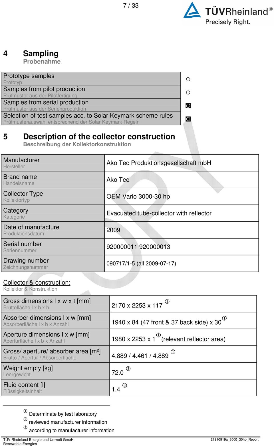 to Solar Keymark scheme rules Prüfmusterauswahl entsprechend der Solar Keymark Regeln 5 Description of the collector construction; Beschreibung der Kollektorkonstruktion Manufacturer Hersteller Brand