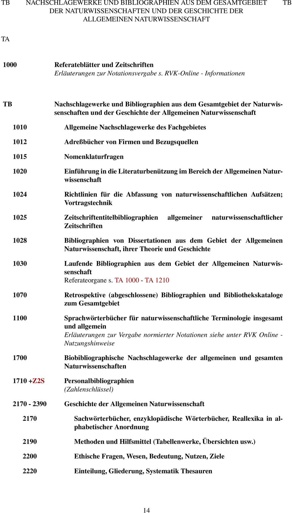 RVK-Online - Informationen TB Nachschlagewerke und Bibliographien aus dem Gesamtgebiet der Naturwissenschaften und der Geschichte der Allgemeinen Naturwissenschaft 1010 Allgemeine Nachschlagewerke