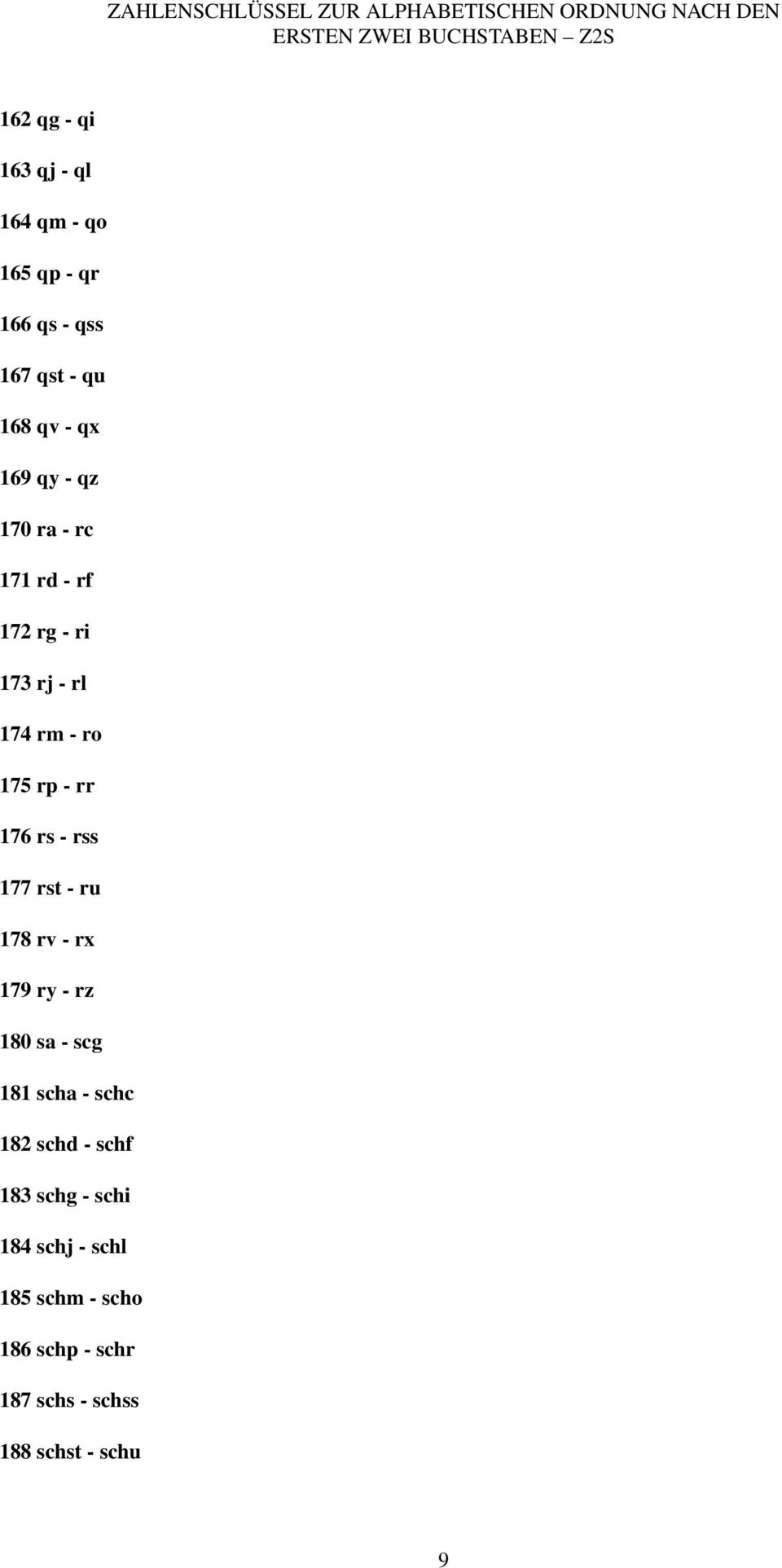 rss 177 rst - ru 178 rv - rx 179 ry - rz 180 sa - scg 181 scha - schc 182 schd - schf 183