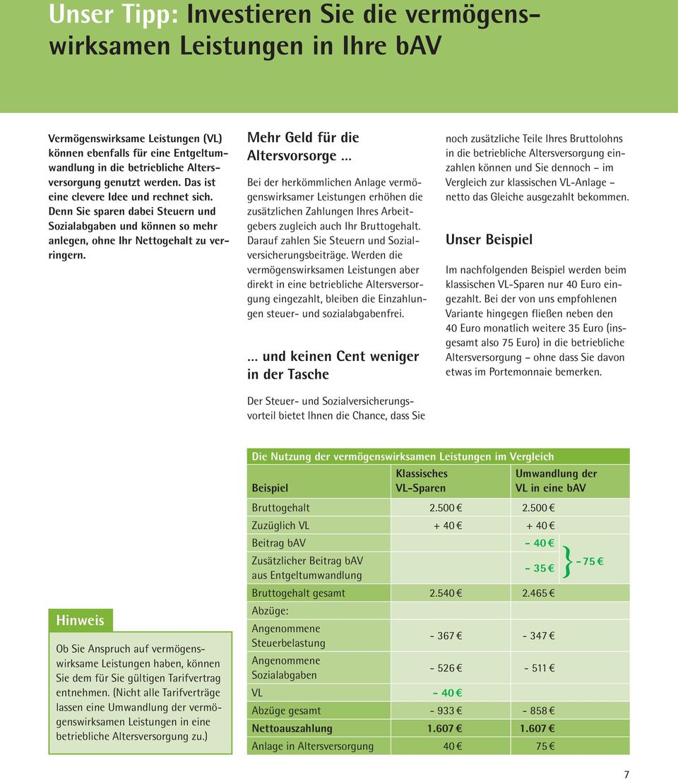 Mehr Geld für die Altersvorsorge Bei der herkömmlichen Anlage vermögenswirksamer Leistungen erhöhen die zusätzlichen Zahlungen Ihres Arbeitgebers zugleich auch Ihr Bruttogehalt.