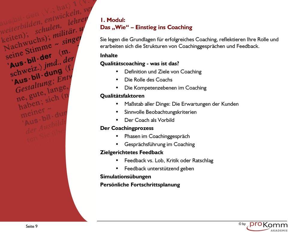 Definition und Ziele von Coaching Die Rolle des Coachs Die Kompetenzebenen im Coaching Qualitätsfaktoren Maßstab aller Dinge: Die Erwartungen der Kunden Sinnvolle