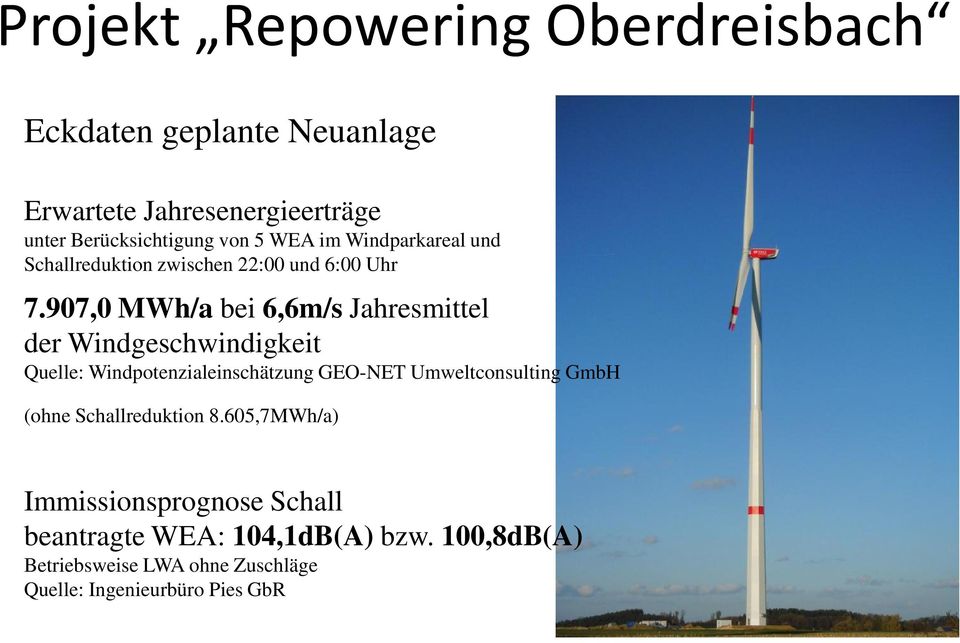 907,0 MWh/a bei 6,6m/s Jahresmittel der Windgeschwindigkeit Quelle: Windpotenzialeinschätzung GEO-NET