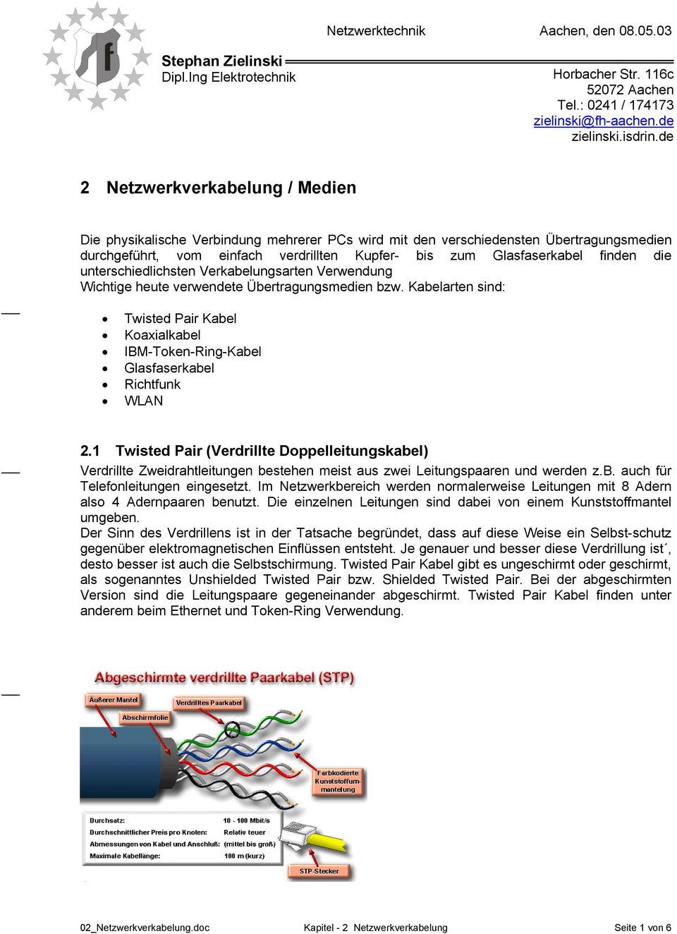 unterschiedlichsten Verkabelungsarten Verwendung Wichtige heute verwendete Übertragungsmedien bzw. Kabelarten sind: Twisted Pair Kabel Koaxialkabel IBM-Token-Ring-Kabel kabel Richtfunk WLAN 2.