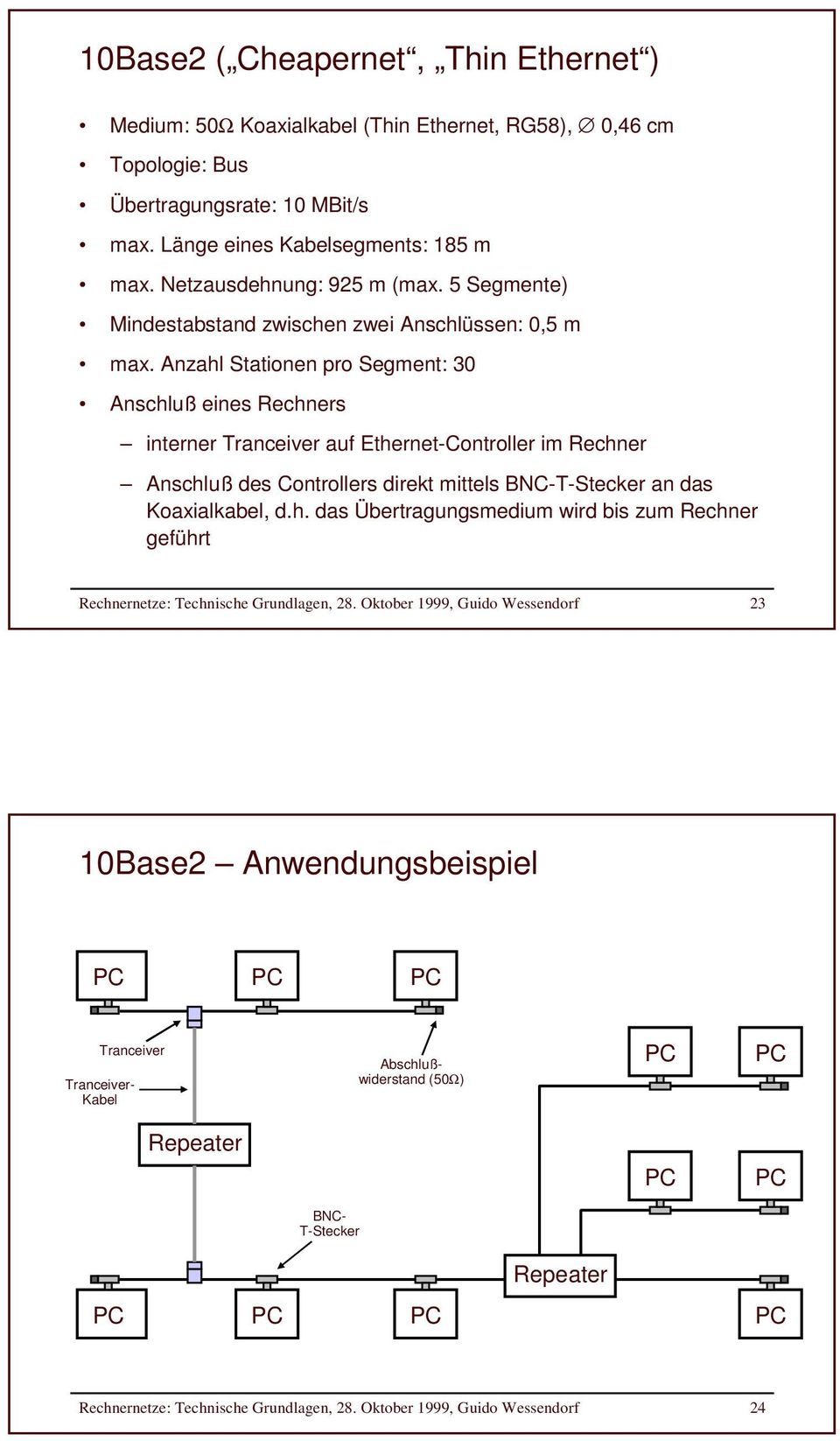 Anzahl Stationen pro Segment: 30 Anschluß eines Rechners interner Tranceiver auf Ethernet-Controller im Rechner Anschluß des Controllers direkt mittels BNC-T-Stecker an das Koaxialkabel, d.h. das Übertragungsmedium wird bis zum Rechner geführt Rechnernetze: Technische Grundlagen, 28.