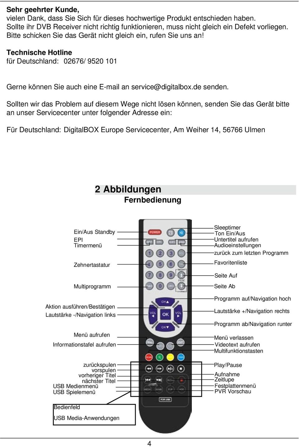 Sollten wir das Problem auf diesem Wege nicht lösen können, senden Sie das Gerät bitte an unser Servicecenter unter folgender Adresse ein: Für Deutschland: DigitalBOX Europe Servicecenter, Am Weiher