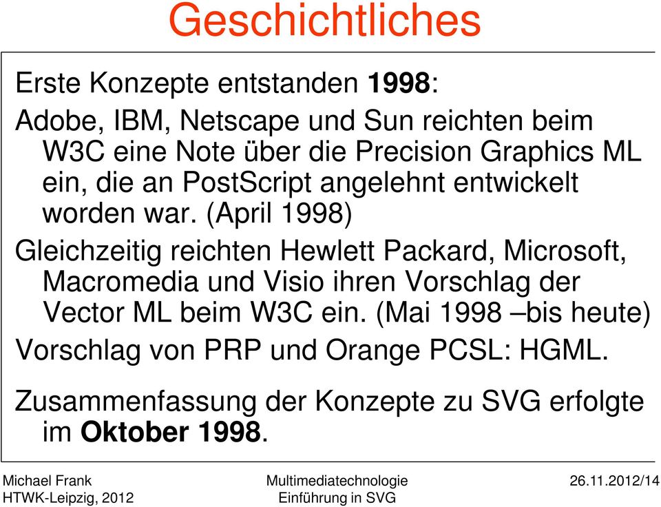(April 1998) Gleichzeitig reichten Hewlett Packard, Microsoft, Macromedia und Visio ihren Vorschlag der Vector ML
