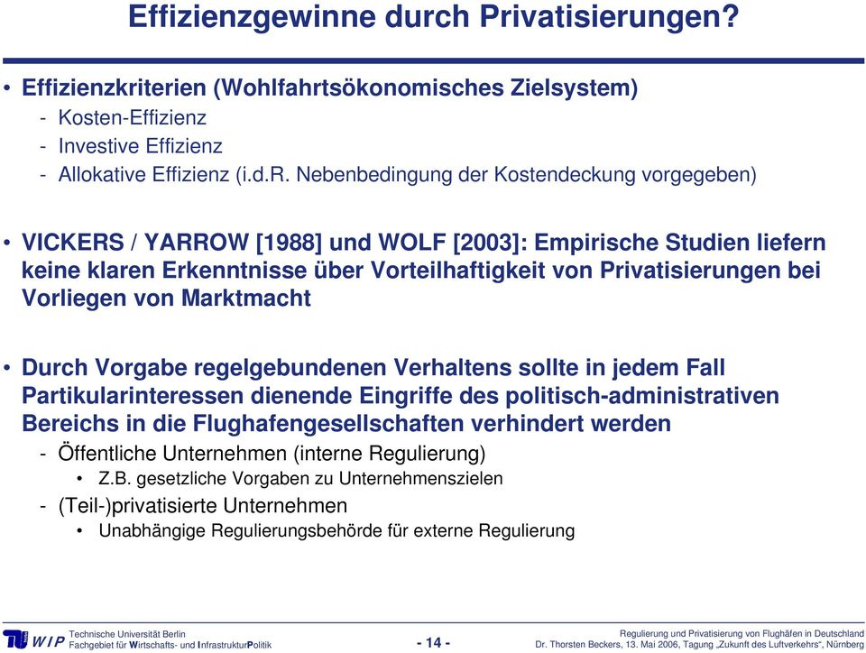 YARROW [1988] und WOLF [2003]: Empirische Studien liefern keine klaren Erkenntnisse über Vorteilhaftigkeit von Privatisierungen bei Vorliegen von Marktmacht Durch Vorgabe regelgebundenen Verhaltens