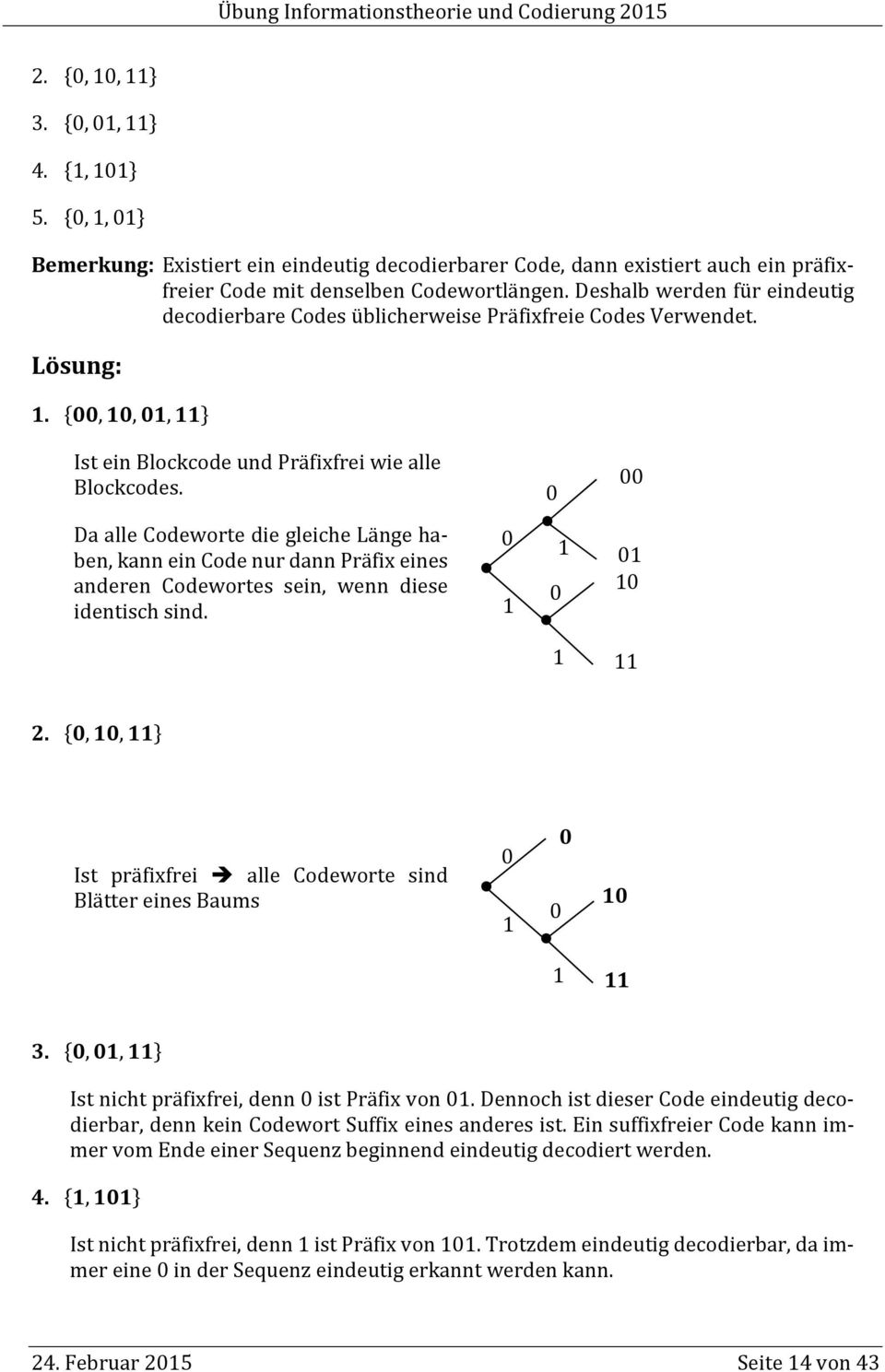 Da alle Codeworte de gleche Länge haben, kann en Code nur dann Präfx enes anderen Codewortes sen, wenn dese dentsch snd. 2.,, Ist präfxfre alle Codeworte snd Blätter enes Baums 3.