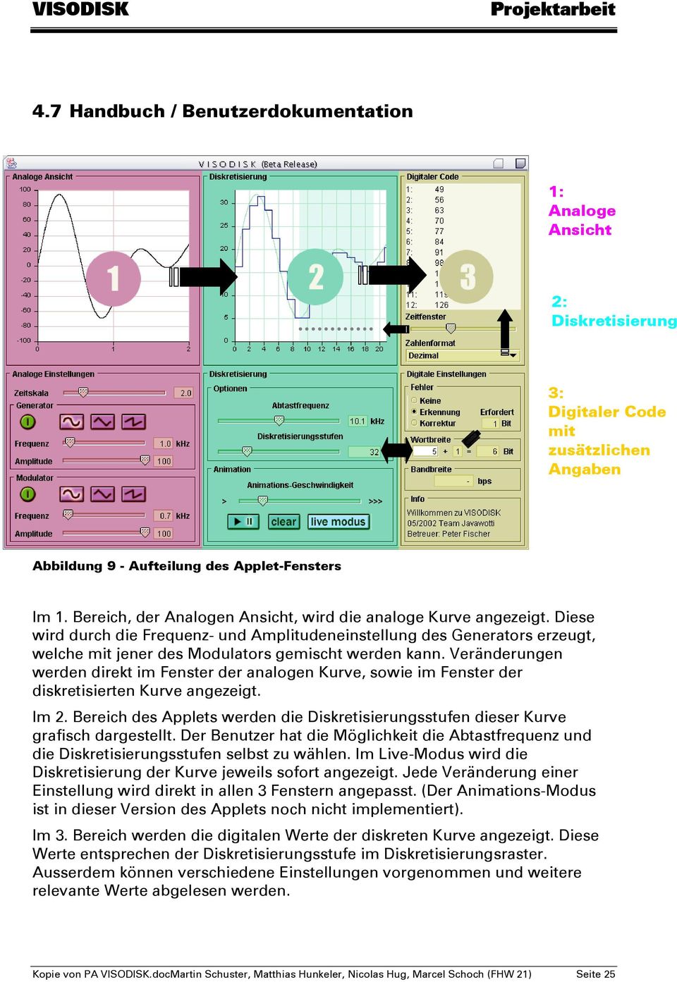 Veränderungen werden direkt im Fenster der analogen Kurve, sowie im Fenster der diskretisierten Kurve angezeigt. Im 2.