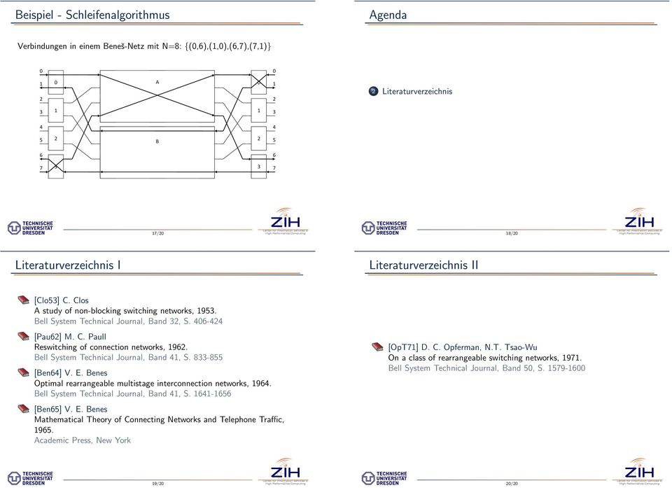 Bell System Technical Journal, Band, S. 8-8 [Ben] V. E. Benes Optimal rearrangeable multistage interconnection networks, 9. Bell System Technical Journal, Band, S. - [Ben] V. E. Benes Mathematical Theory of Connecting Networks and Telephone Traffic, 9.