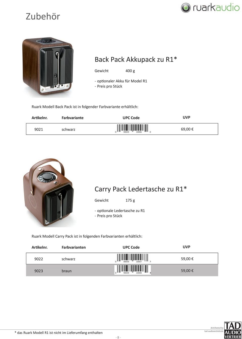 zu R1* 175 g - optionale Ledertasche zu R1 Ruark Modell Carry Pack ist in folgenden erhältlich:
