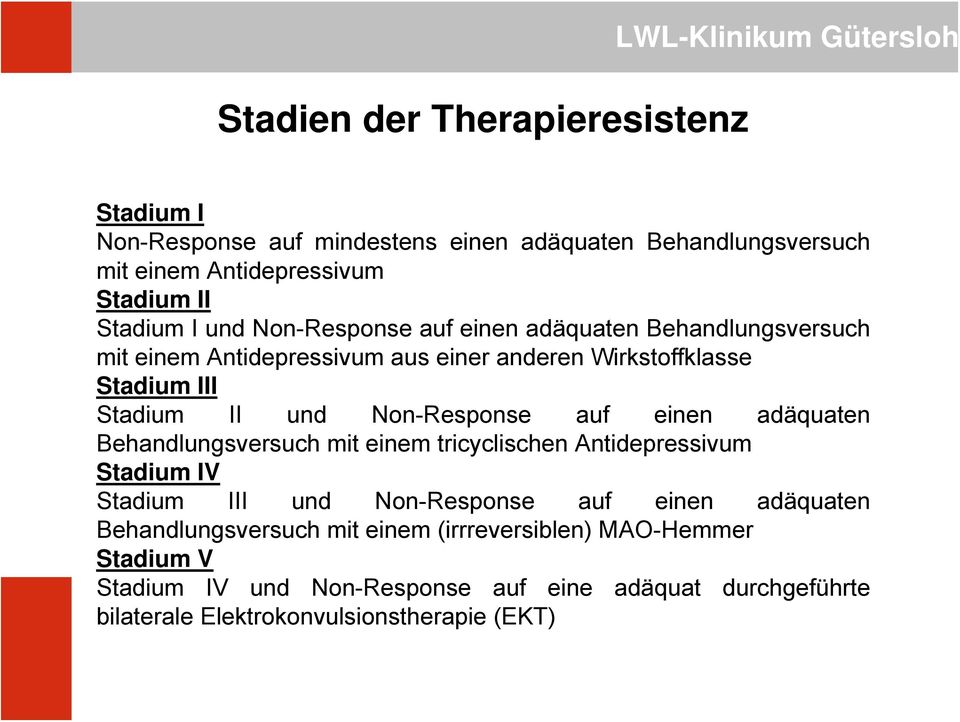 Non-Response auf einen adäquaten Behandlungsversuch mit einem tricyclischen Antidepressivum Stadium IV Stadium III und Non-Response auf einen adäquaten