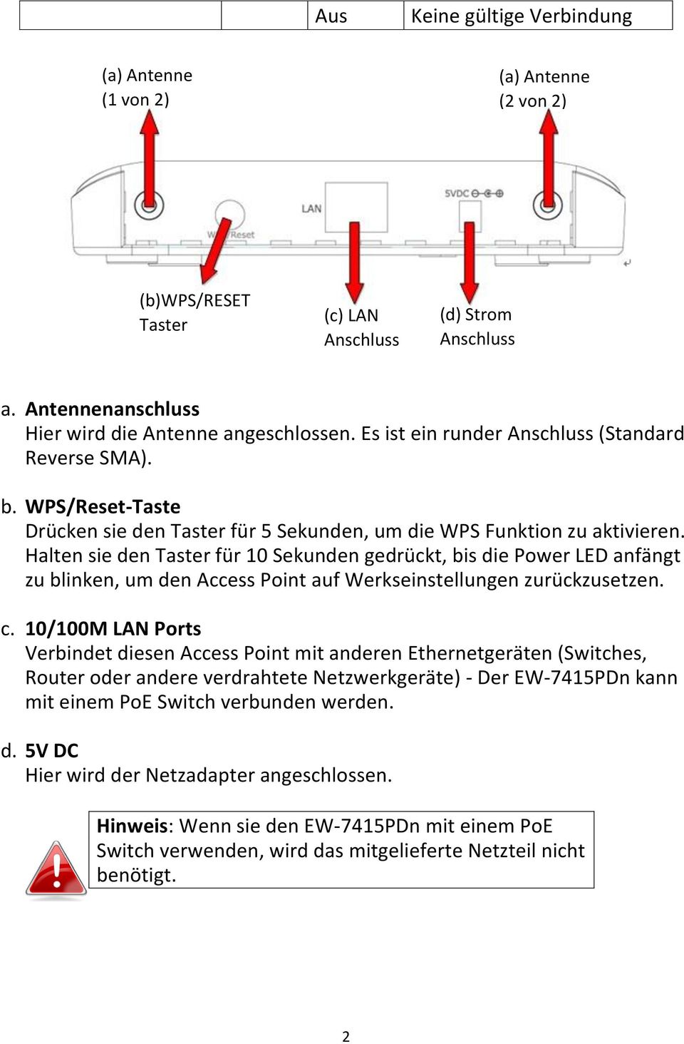 Halten sie den Taster für 10 Sekunden gedrückt, bis die Power LED anfängt zu blinken, um den Access Point auf Werkseinstellungen zurückzusetzen. c.