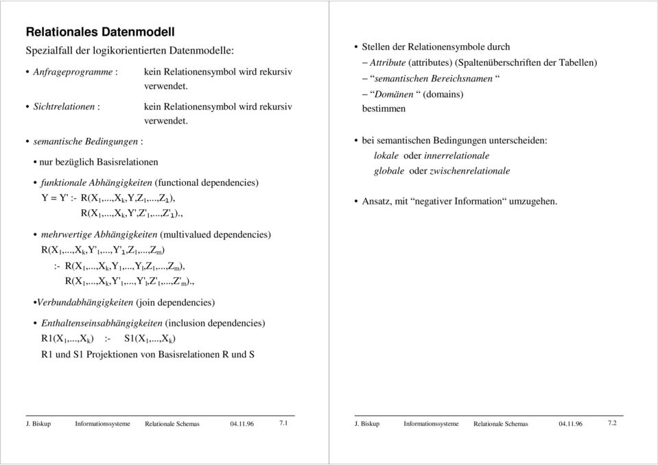 , Stellen der Relationensymbole durch Attribute (attributes) (Spaltenüberschriften der Tabellen) semantischen Bereichsnamen Domänen (domains) bestimmen bei semantischen Bedingungen unterscheiden: