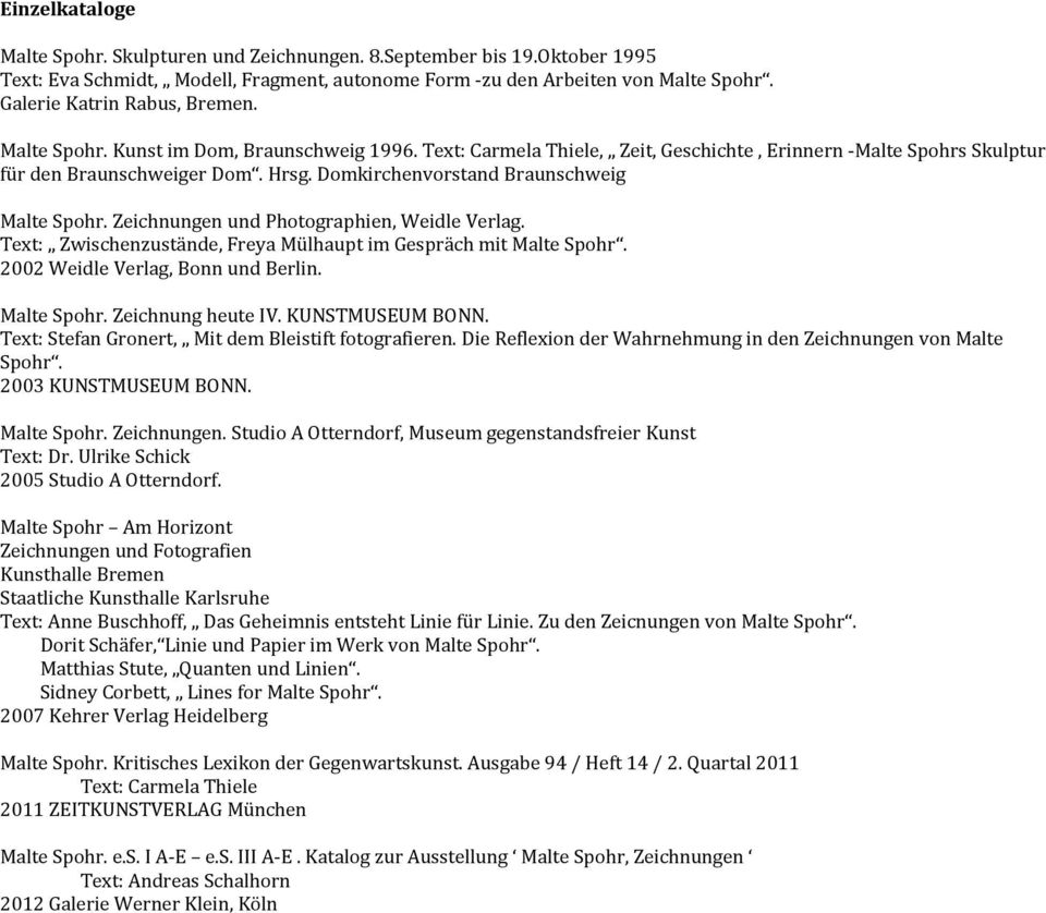 Domkirchenvorstand Braunschweig Malte Spohr. Zeichnungen und Photographien, Weidle Verlag. Text: Zwischenzustände, Freya Mülhaupt im Gespräch mit Malte Spohr. 2002 Weidle Verlag, Bonn und Berlin.