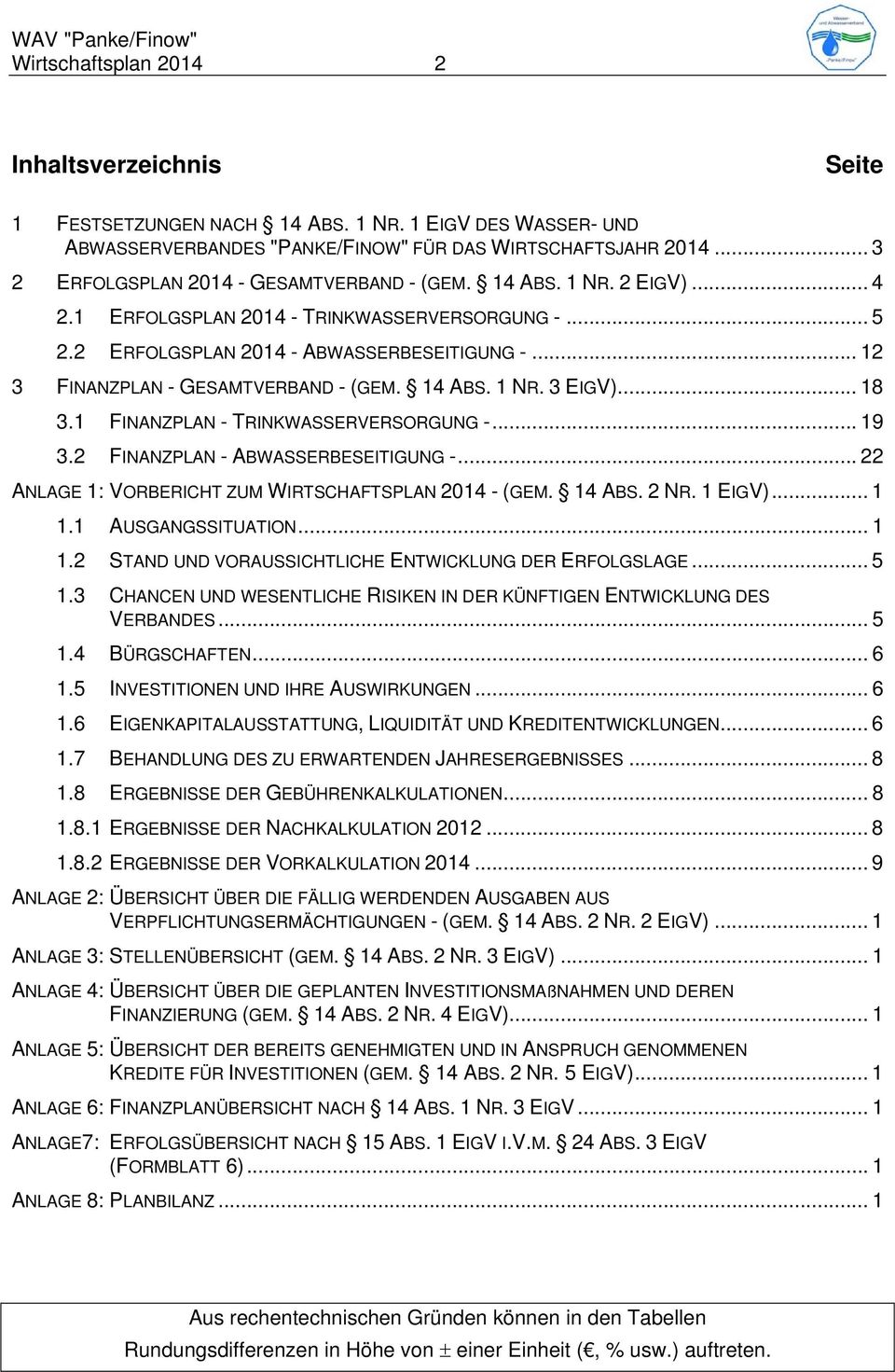 1 FINANZPLAN - TRINKWASSERVERSORGUNG -... 19 3.2 FINANZPLAN - ABWASSERBESEITIGUNG -... 22 ANLAGE 1: VORBERICHT ZUM WIRTSCHAFTSPLAN 2014 - (GEM. 14 ABS. 2 NR. 1 EIGV)... 1 1.