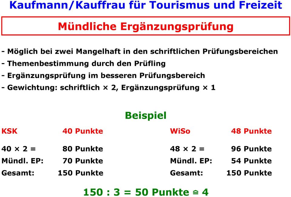 schriftlich 2, Ergänzungsprüfung 1 Beispiel KSK 40 Punkte WiSo 48 Punkte 40 2 = 80 Punkte 48 2 = 96