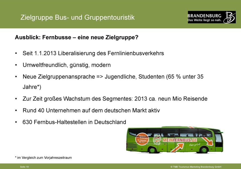 1.2013 Liberalisierung des Fernlinienbusverkehrs Umweltfreundlich, günstig, modern Neue Zielgruppenansprache => Jugendliche,