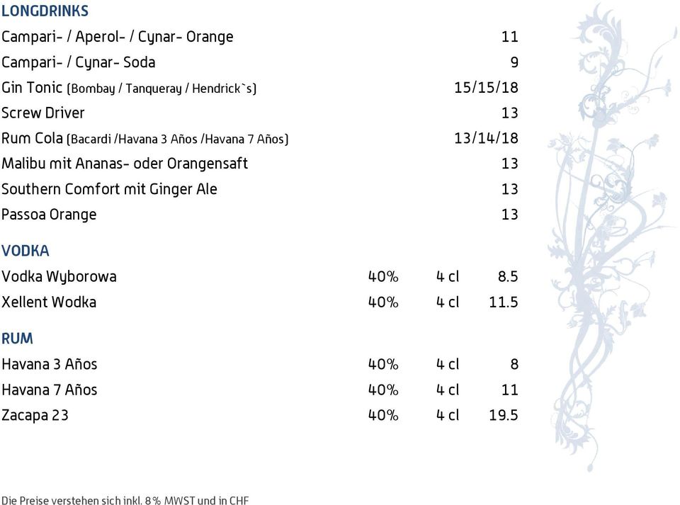Ananas- oder Orangensaft 13 Southern Comfort mit Ginger Ale 13 Passoa Orange 13 VODKA Vodka Wyborowa 40% 4