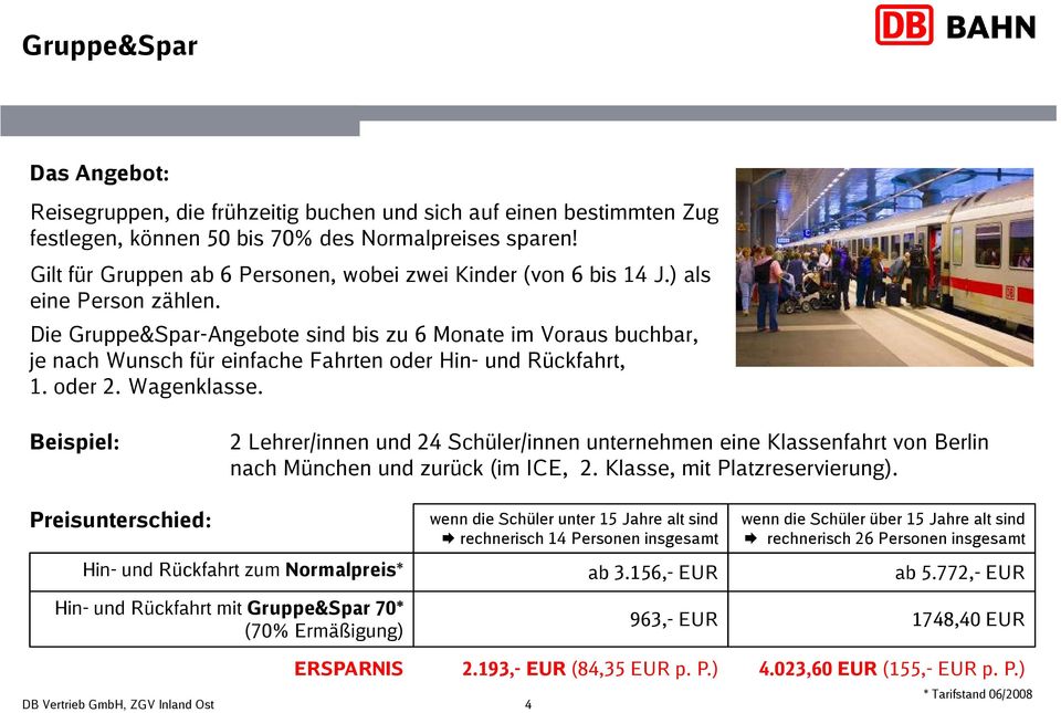 Die Gruppe&Spar-Angebote sind bis zu 6 Monate im Voraus buchbar, je nach Wunsch für einfache Fahrten oder Hin- und Rückfahrt, 1. oder 2. Wagenklasse.