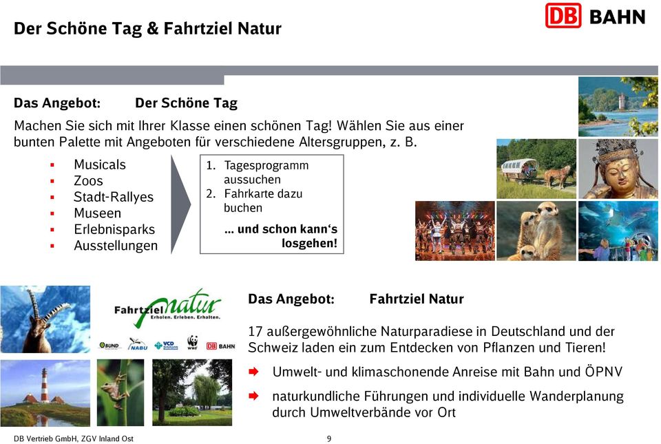 Musicals Zoos Stadt-Rallyes Museen Erlebnisparks Ausstellungen 1. Tagesprogramm aussuchen 2. Fahrkarte dazu buchen... und schon kann s losgehen!