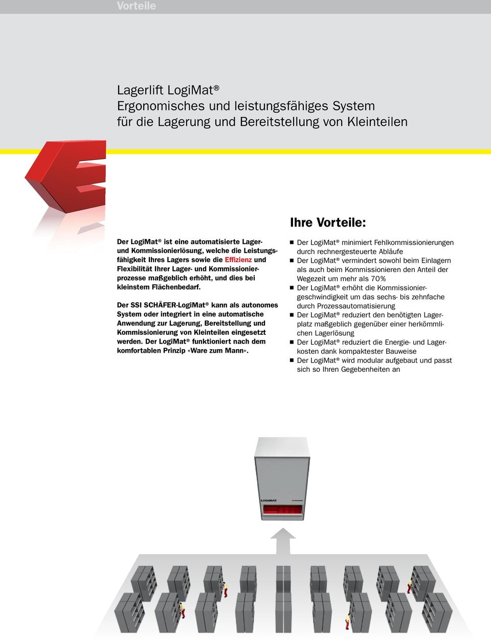 Der SSI SCHÄFER-LogiMat kann als autonomes System oder integriert in eine automatische Anwendung zur Lagerung, Bereitstellung und Kommissionierung von Kleinteilen eingesetzt werden.