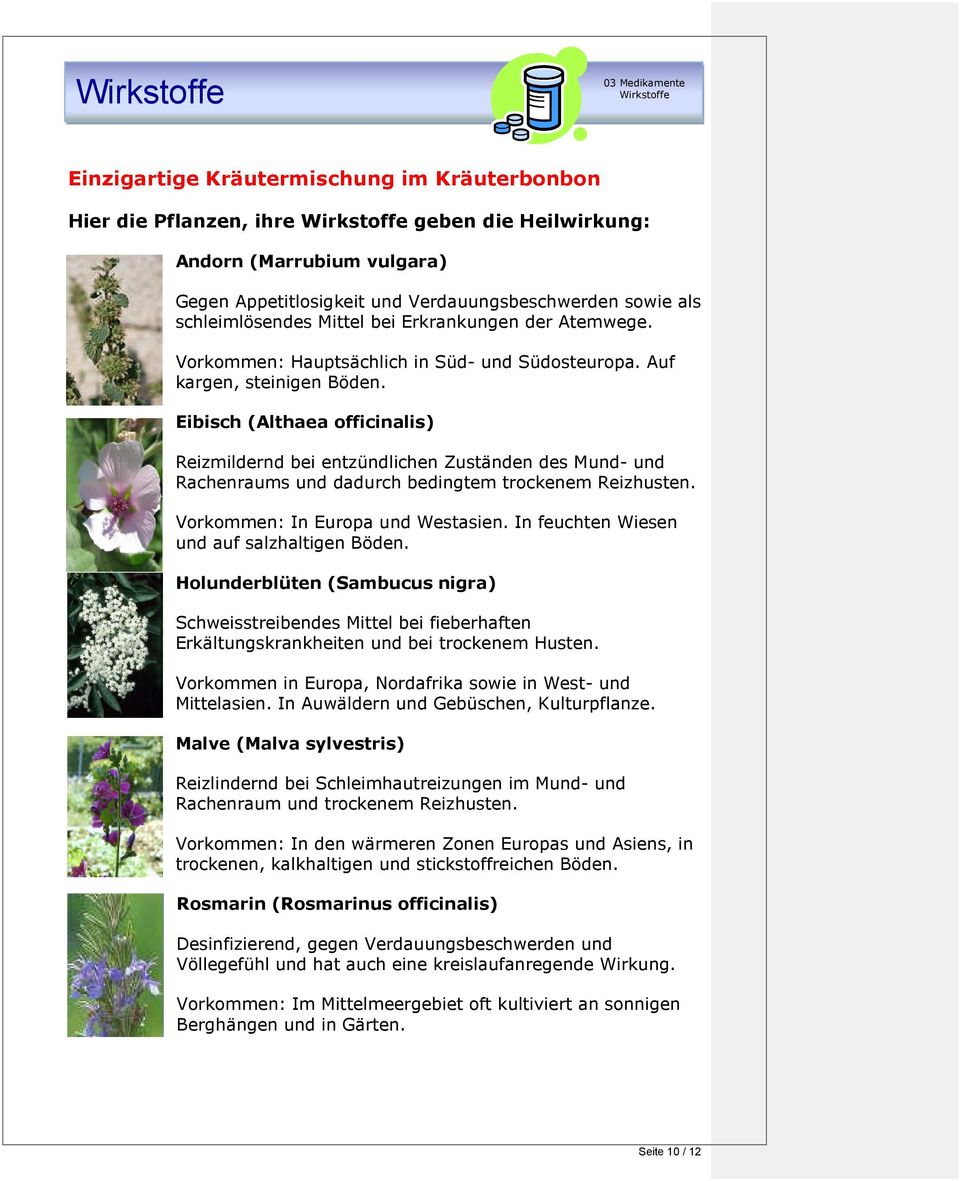 Eibisch (Althaea officinalis) Reizmildernd bei entzündlichen Zuständen des Mund- und Rachenraums und dadurch bedingtem trockenem Reizhusten. Vorkommen: In Europa und Westasien.