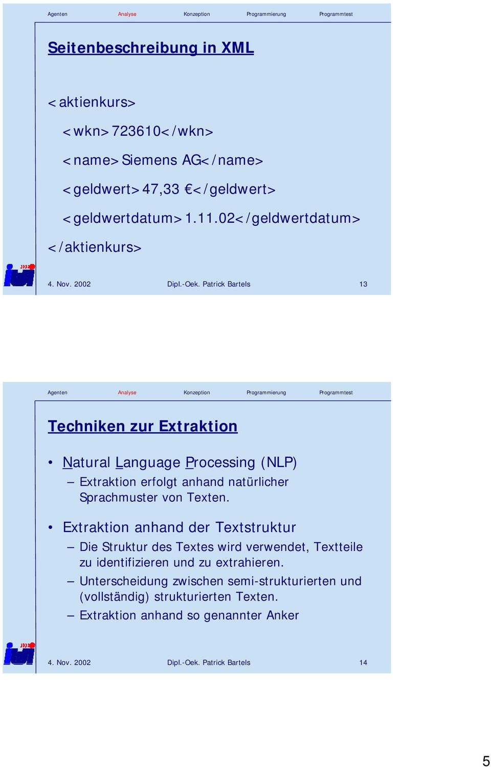 Patrick Bartels 13 Techniken zur Extraktion Natural Language Processing (NLP) Extraktion erfolgt anhand natürlicher Sprachmuster von Texten.