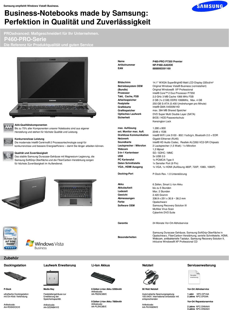 1" WXGA SuperBright Matt LCD-Display 220cd/m² Original Windows Vista Business (vorinstalliert) Original Windows XP Professional Intel Core 2 Duo P7350 2,0 GHz 3 MB Cache 1066 MHz FSB 2 GB (1x 2 GB)